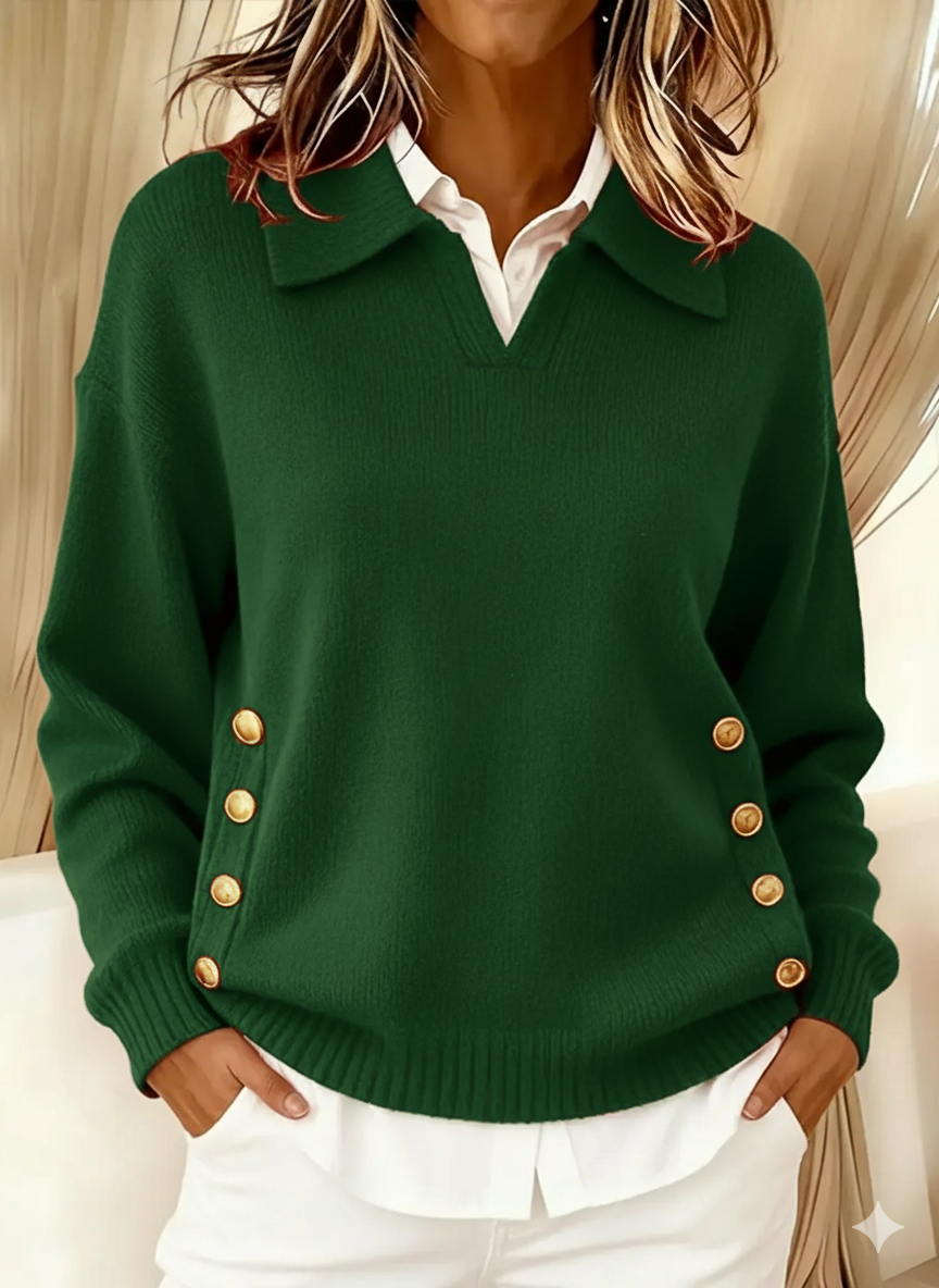 Woman wearing V-neck sweater with fold-over collar