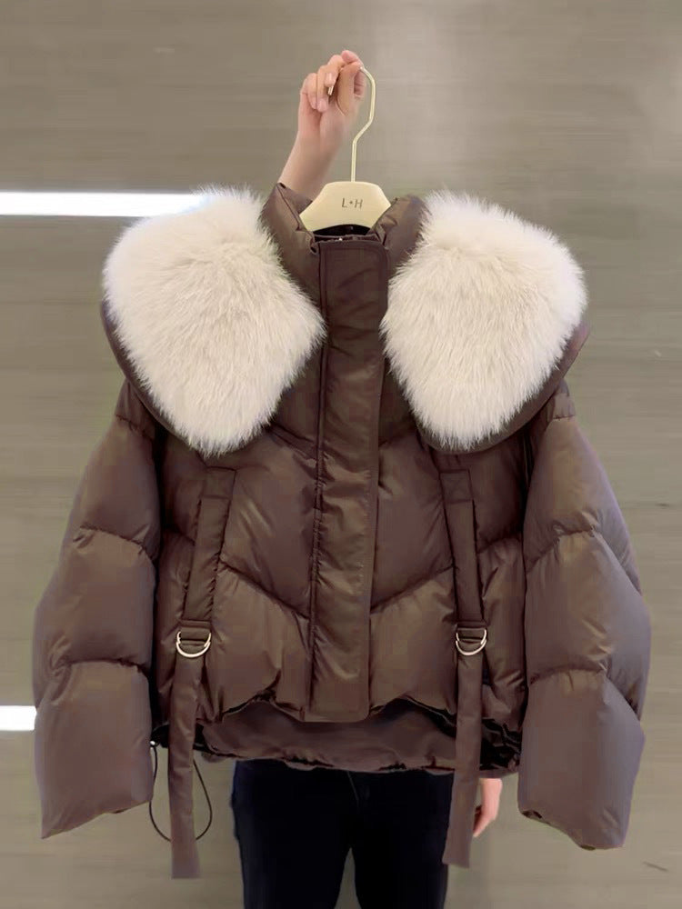 Women's padded winter coat with fur collar in black