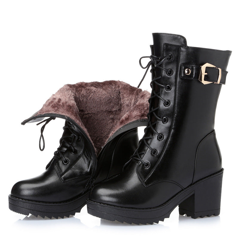 Women's black leather Martin boots with heel and side zip