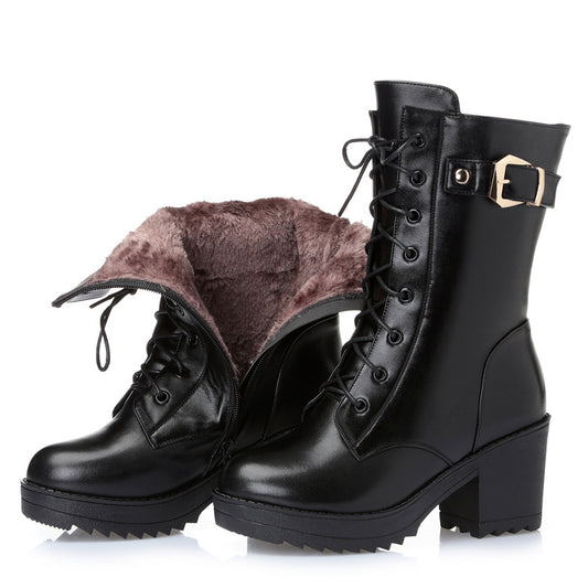 Women's black leather Martin boots with heel and side zip