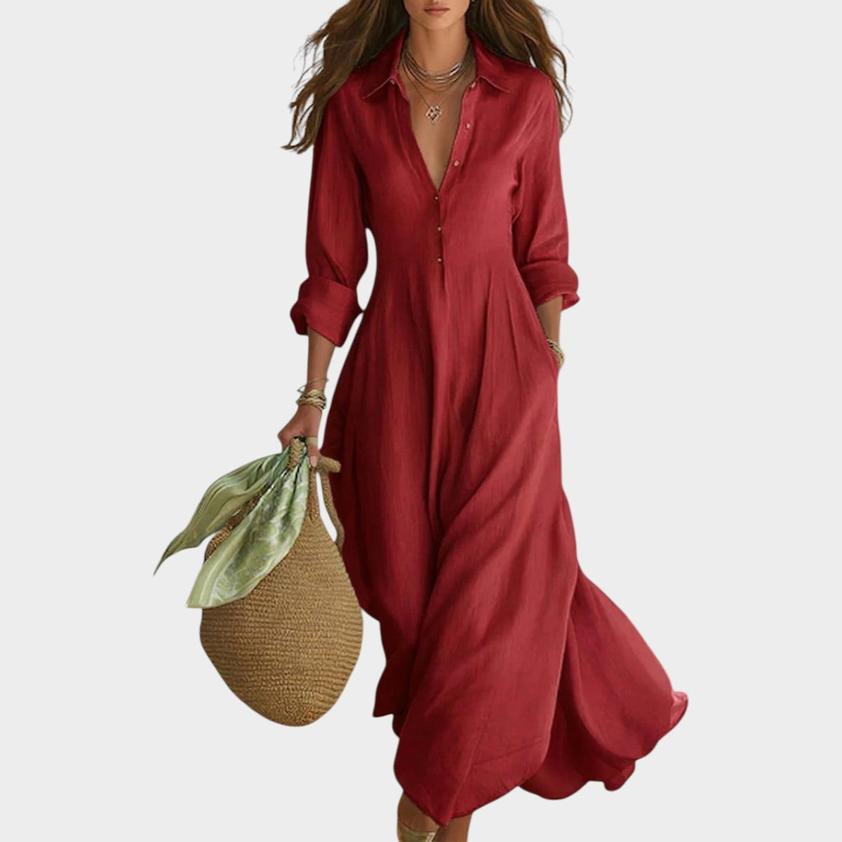 Woman wearing button front maxi dress with long sleeves