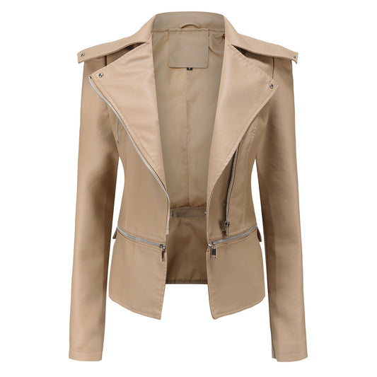 Woman wearing slim fit motorcycle faux leather jacket