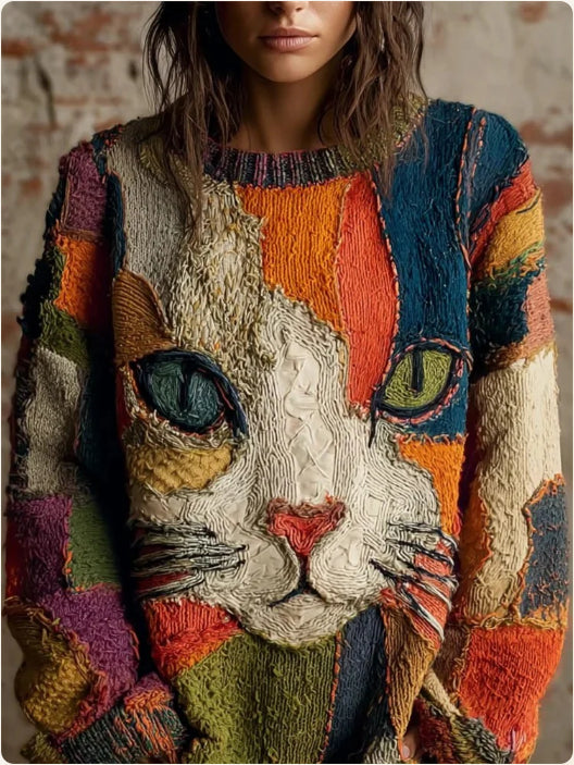 Woman wearing loose knit crew neck pullover sweater