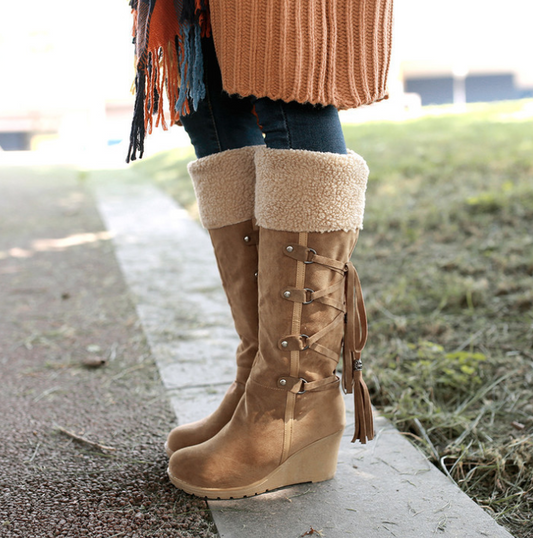 Women's black knee high wedge heel boots winter style