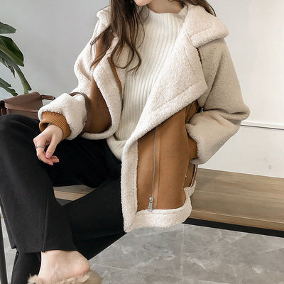 Women's short suede motorcycle jacket in khaki