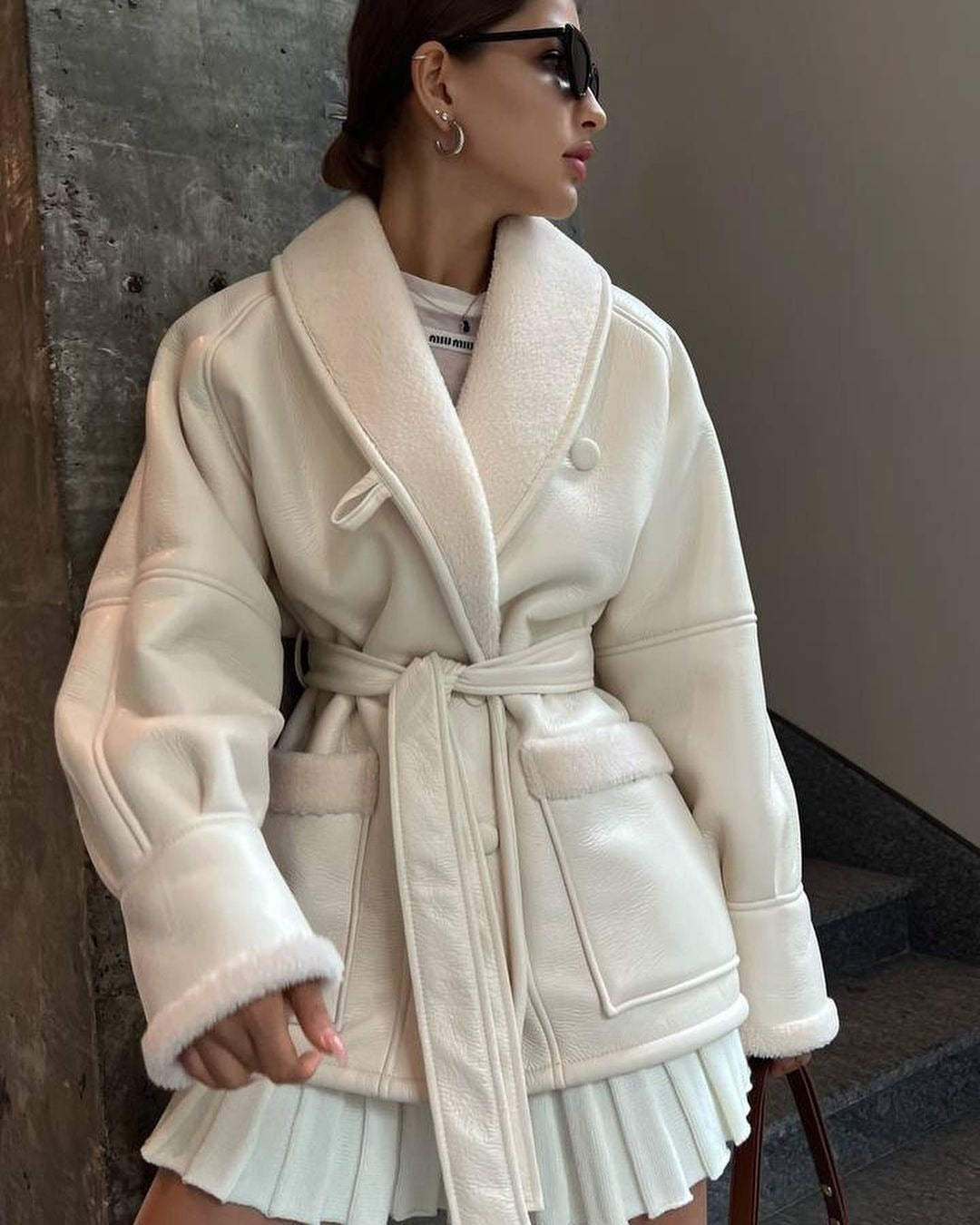 Women's loose faux leather long sleeve coat with pockets