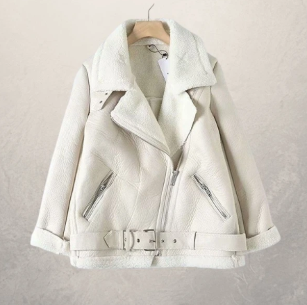 Women's motorcycle jacket with polo collar, front view