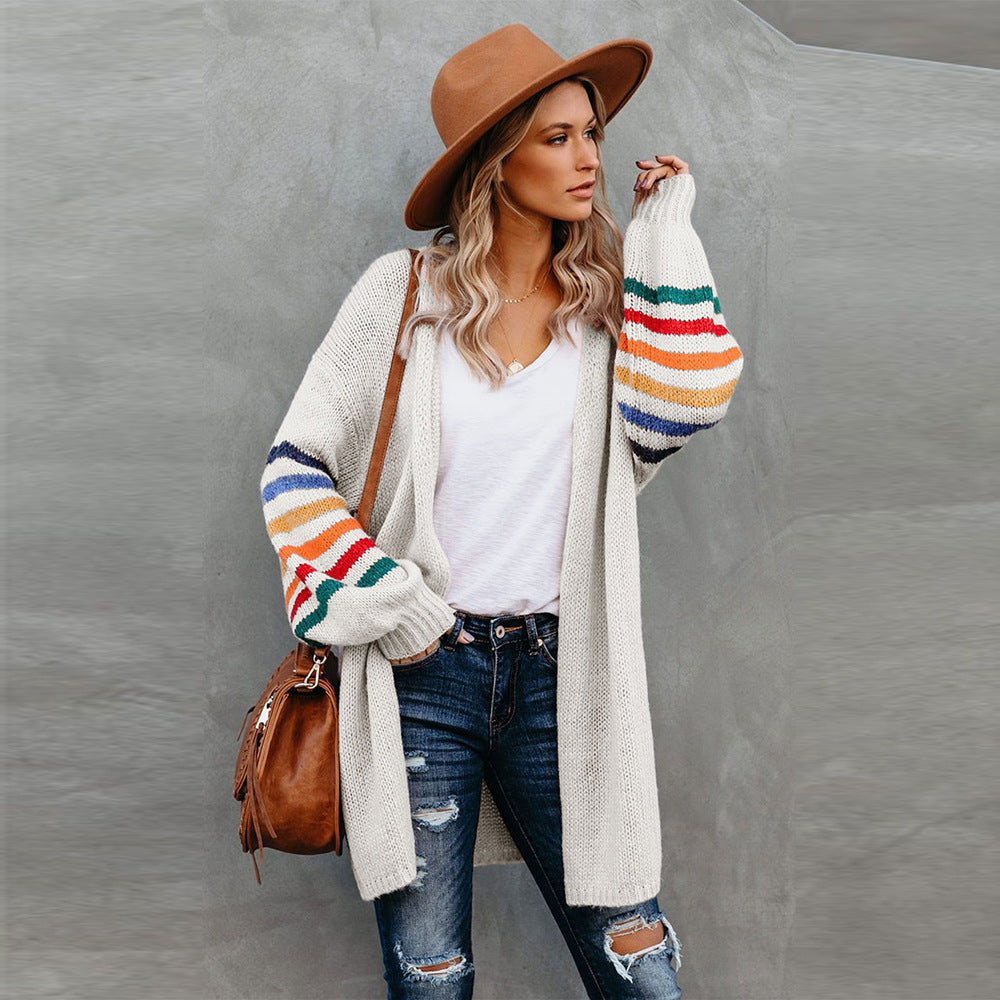 Women's cardigan sweater in white, pink and gray