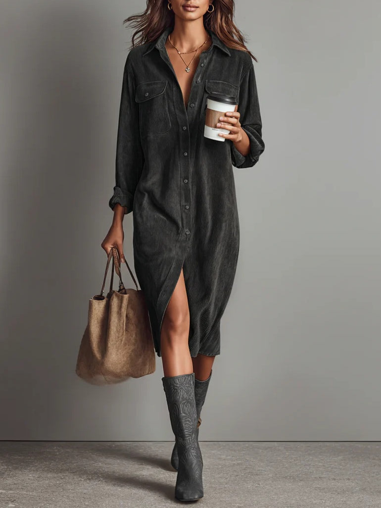 Woman wearing a relaxed midi shirt dress with pockets