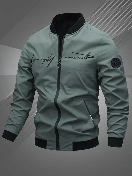 Athletic bomber jacket for men with stand collar - army green