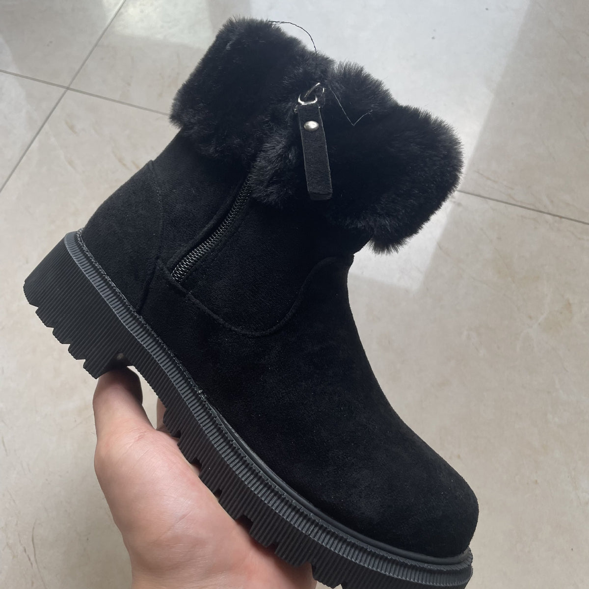 Women's beige winter boots with side zipper and plush lining