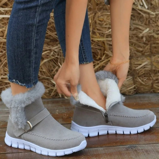 Women's flat plush lined ankle boots with buckle