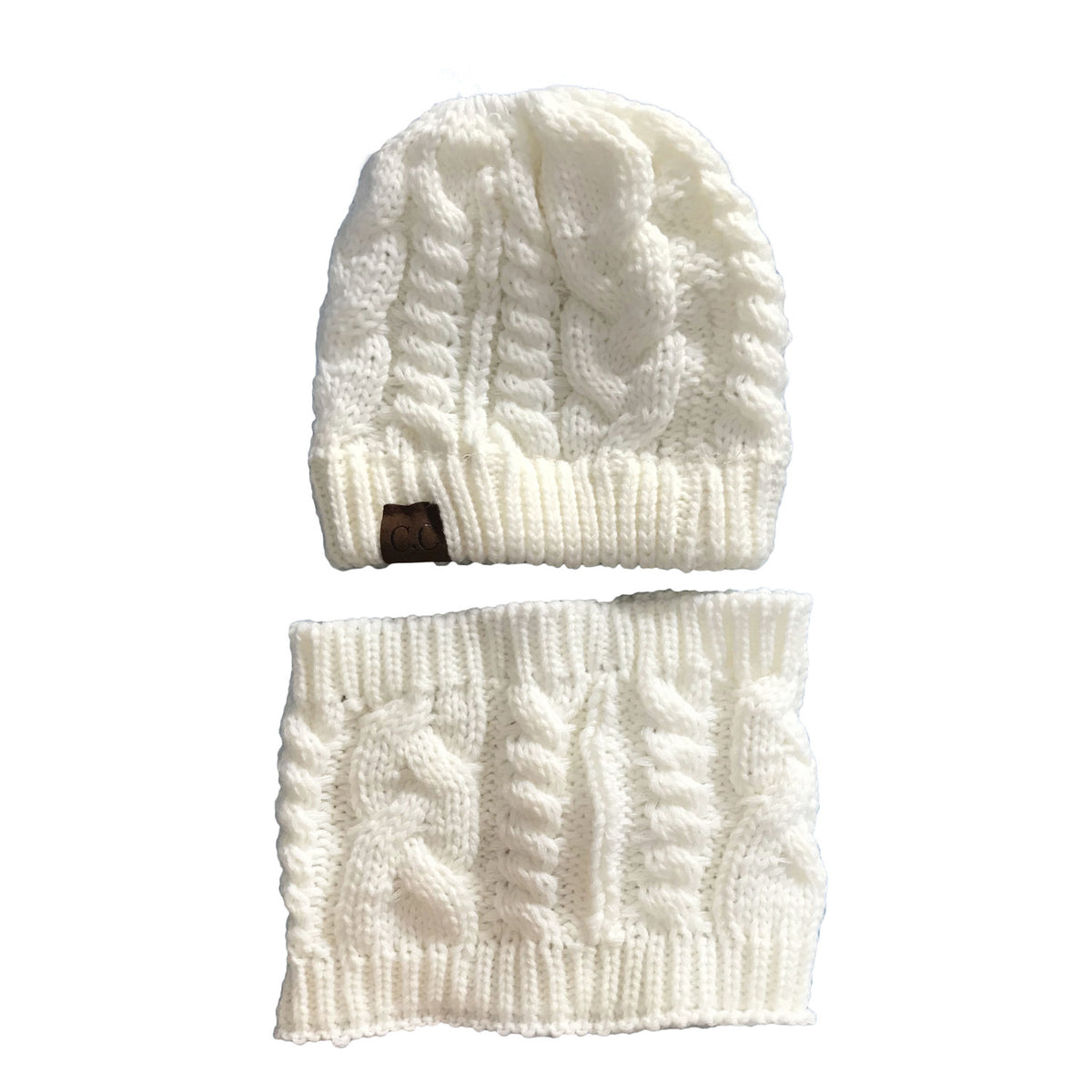 Women's knit hat and scarf set in neutral colors