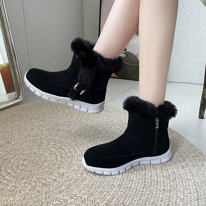 Women's flat plush lined ankle boots with buckle