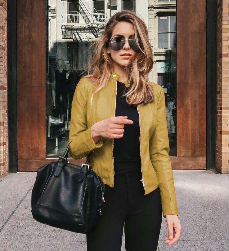 Women's faux leather suit-style jacket on model
