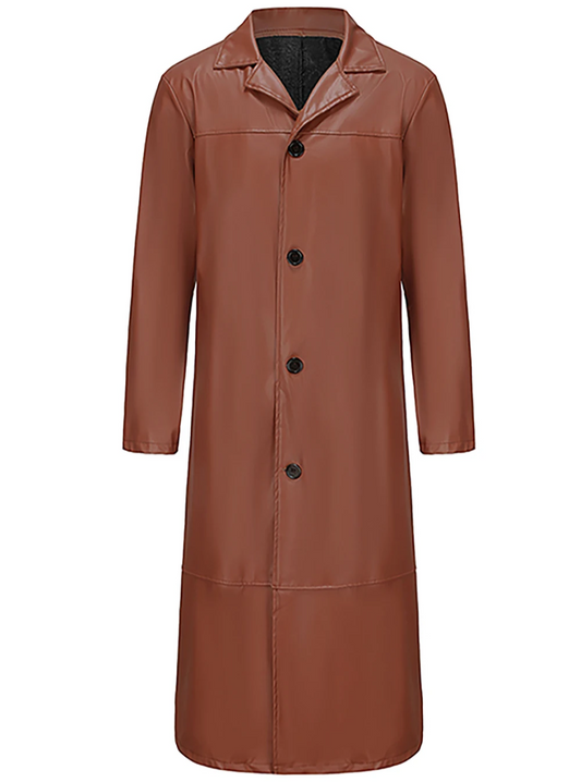 Long leather coat for men with notch lapel