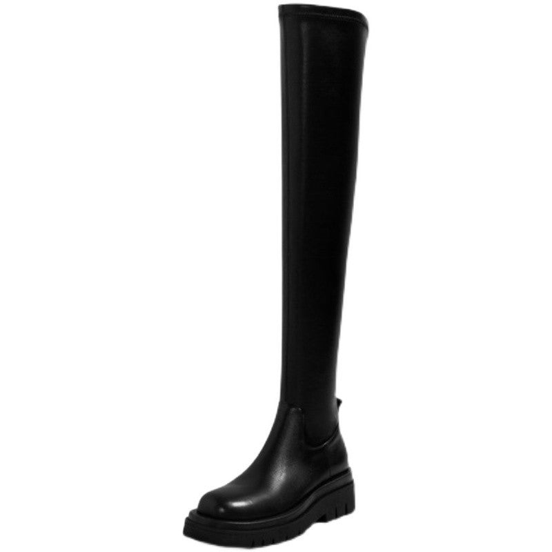 Black chunky heel knee high boots for women