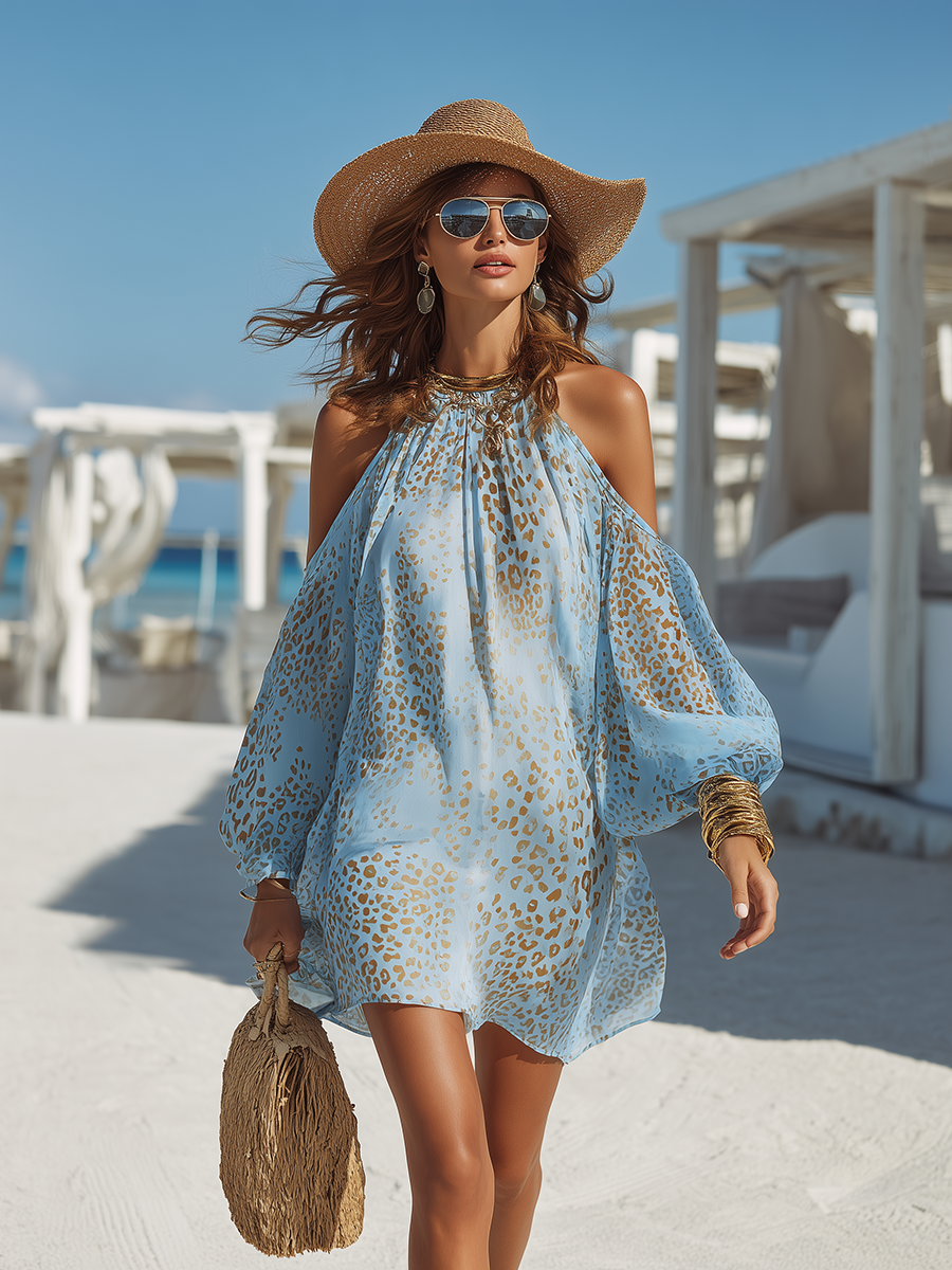 Woman wearing blue off-shoulder leopard print mini dress