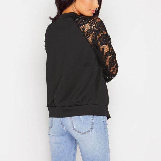 Women's white bomber jacket with lace sleeve detail