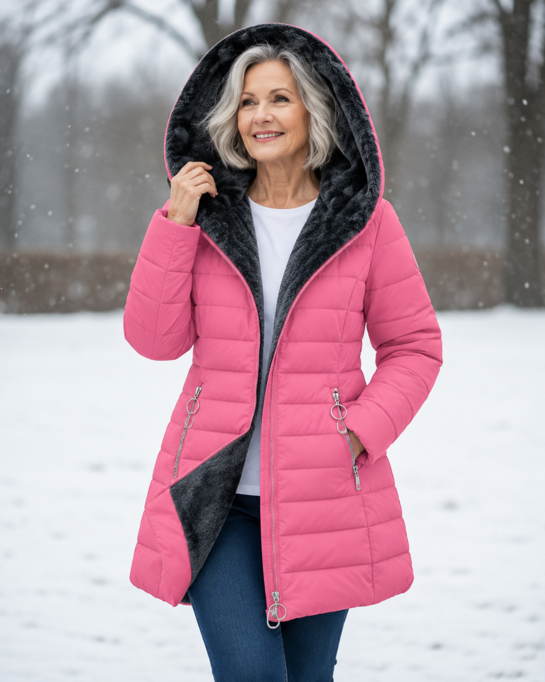 Woman wearing quilted winter coat with hood outdoors