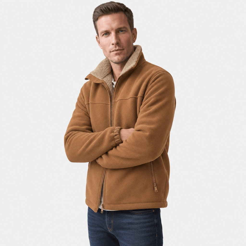 Men's sherpa lined fleece jacket with stand collar - brown