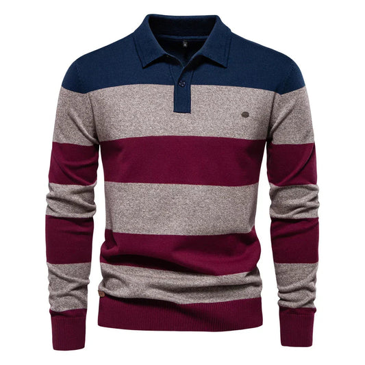 Men's striped long sleeve knit polo sweater - blue