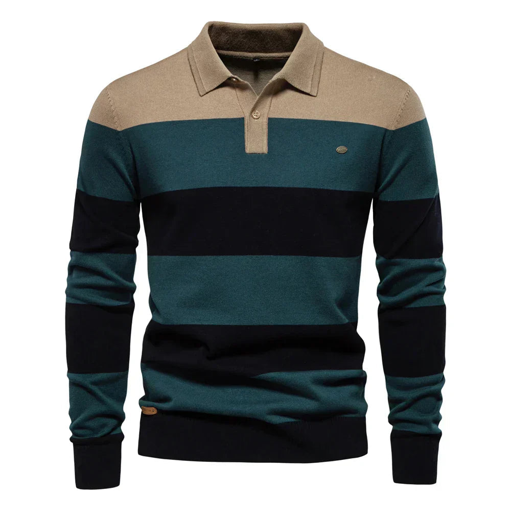 Men's striped long sleeve knit polo sweater - khaki