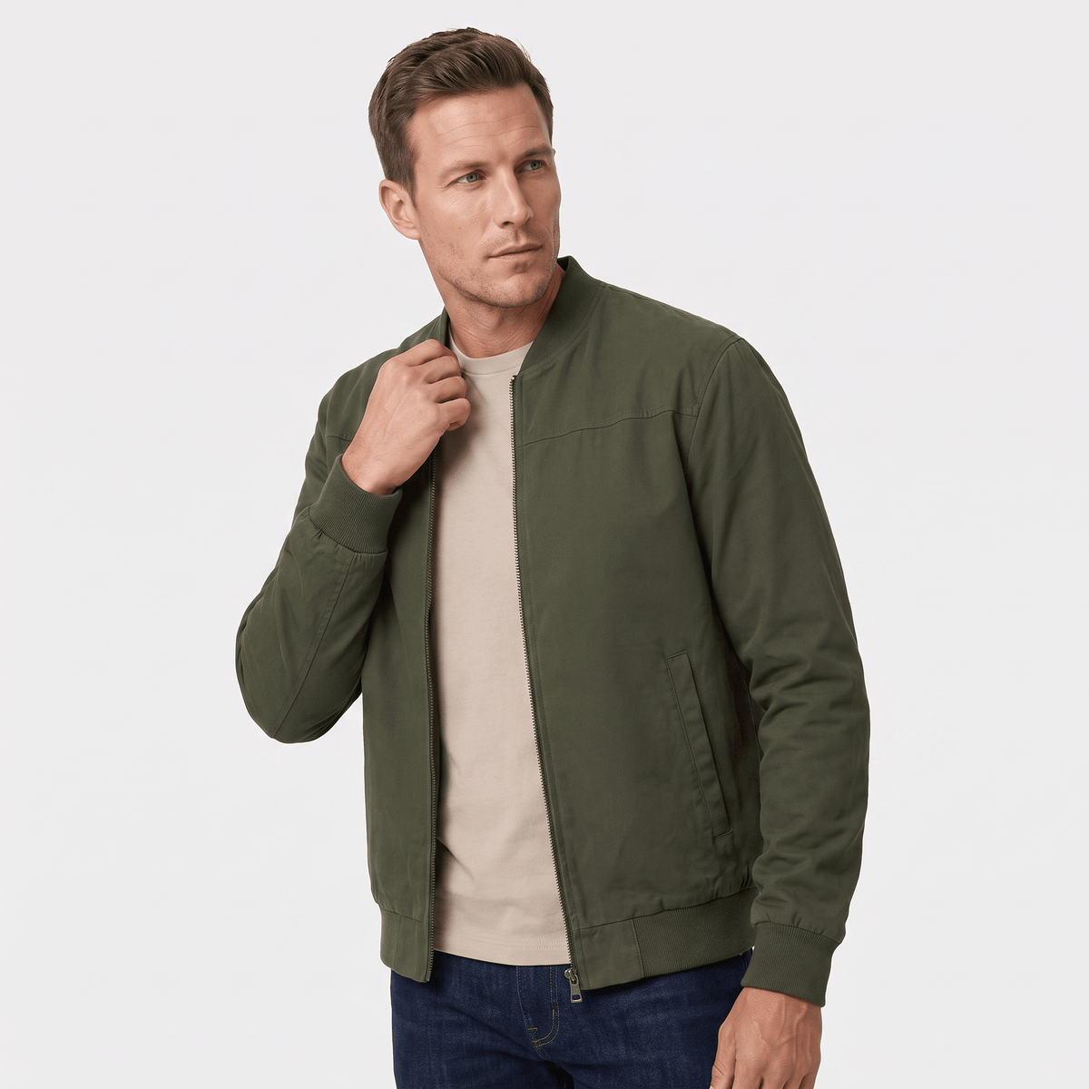Suede bomber jacket for men with ribbed collar - army green