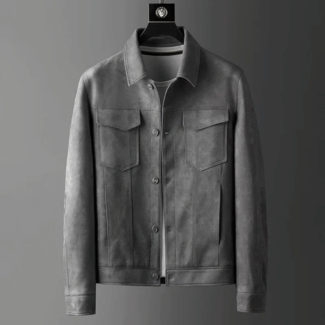 Suede jacket for men with heritage styling - misty shadow