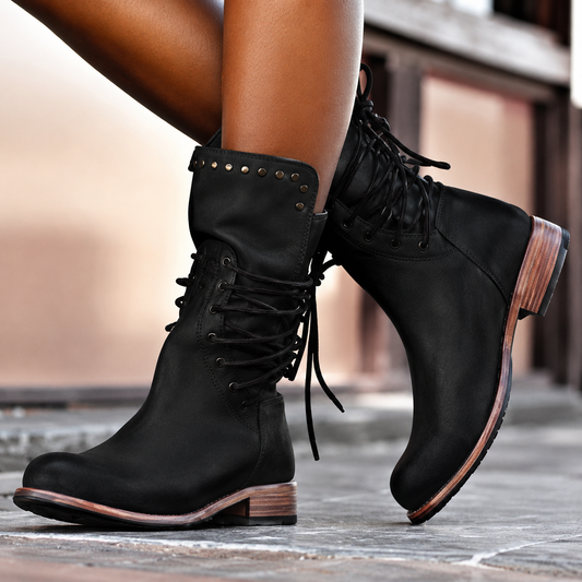 Women's lace-up ankle boots with rivets and block heel