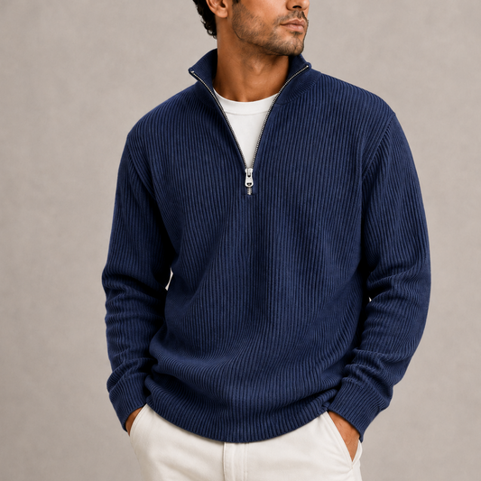 Ribbed quarter-zip sweater for men - navy