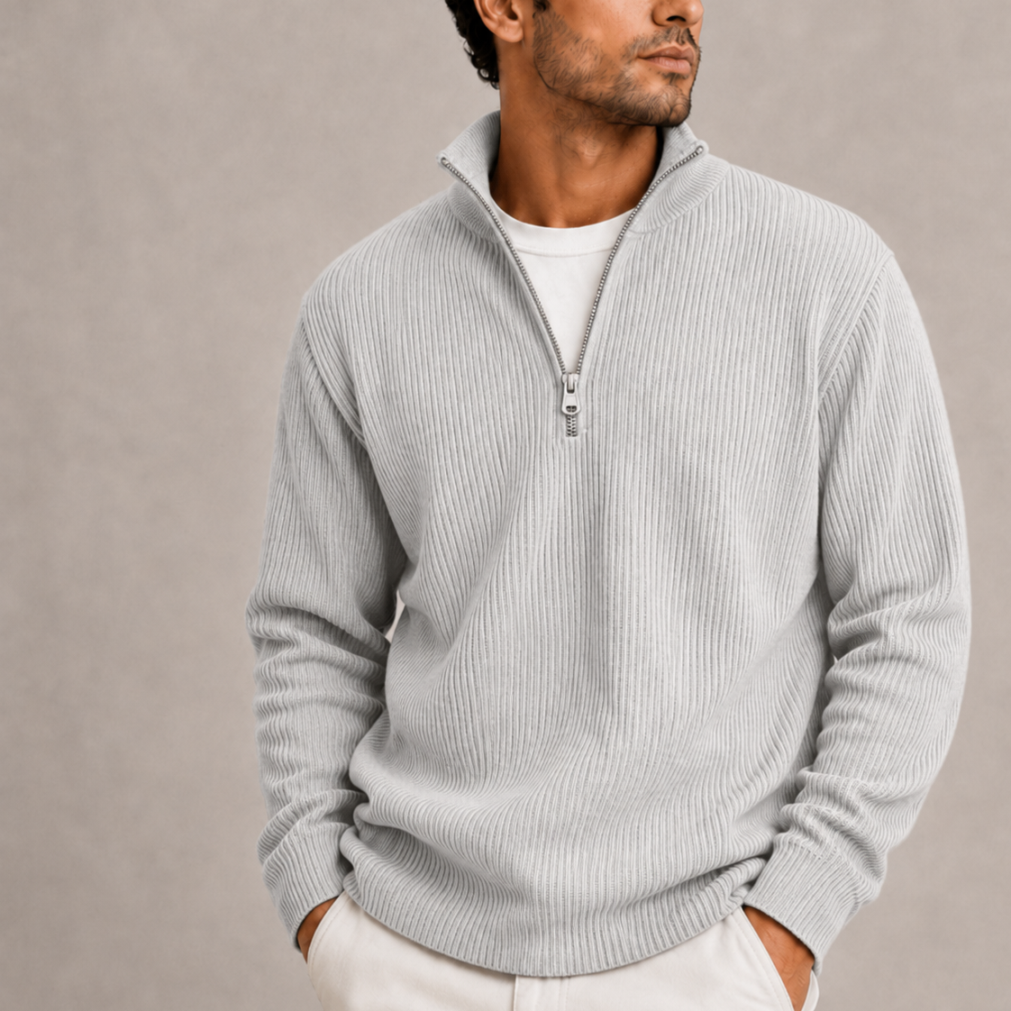 Ribbed quarter-zip sweater for men - grey