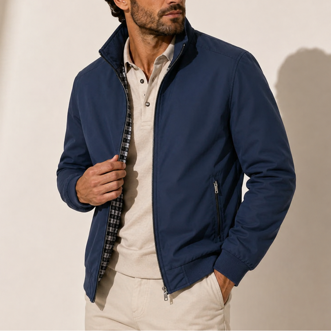 Bomber jacket for men with stand collar - navy