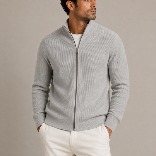 Ribbed full-zip cardigan for men - light grey