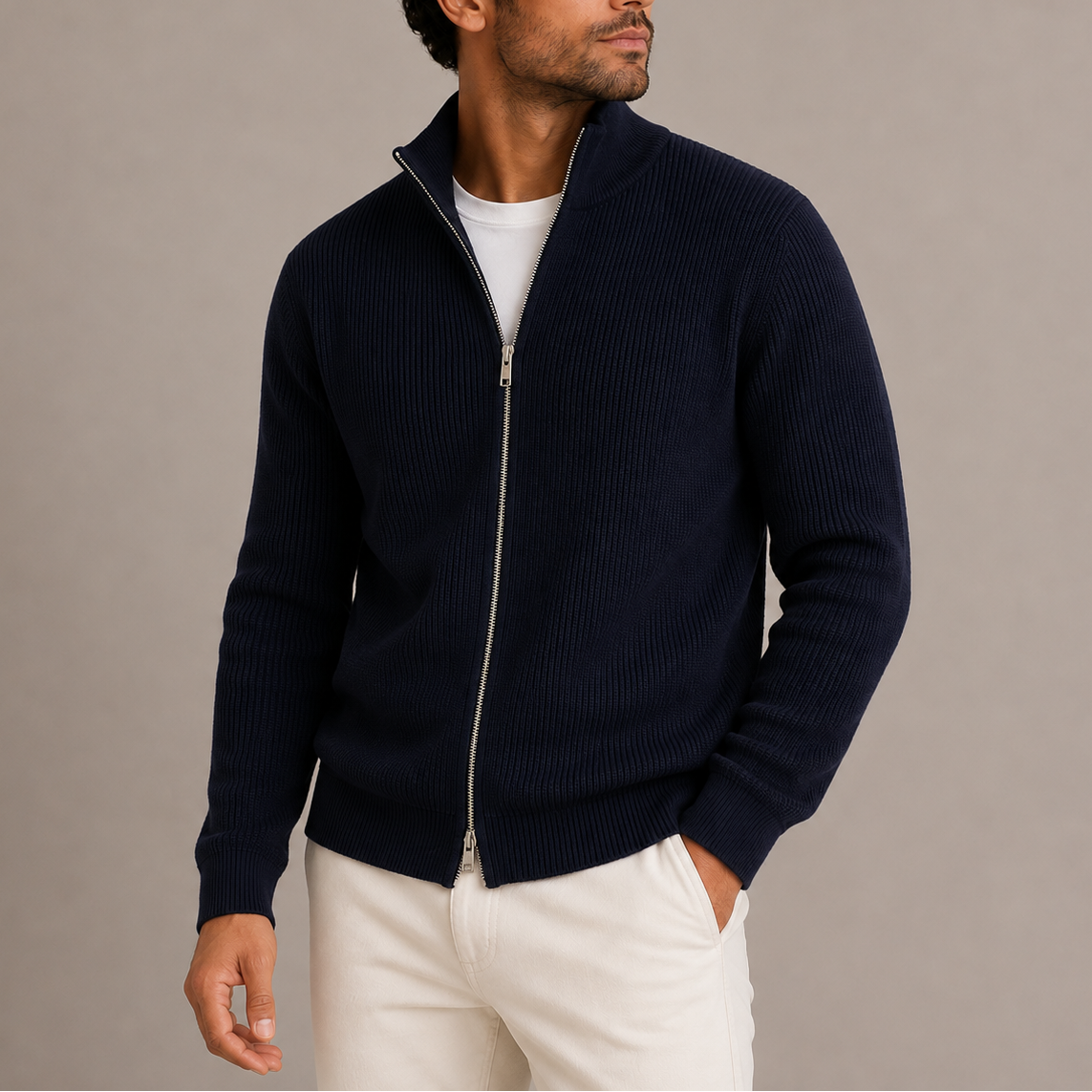 Ribbed full-zip cardigan for men - navy