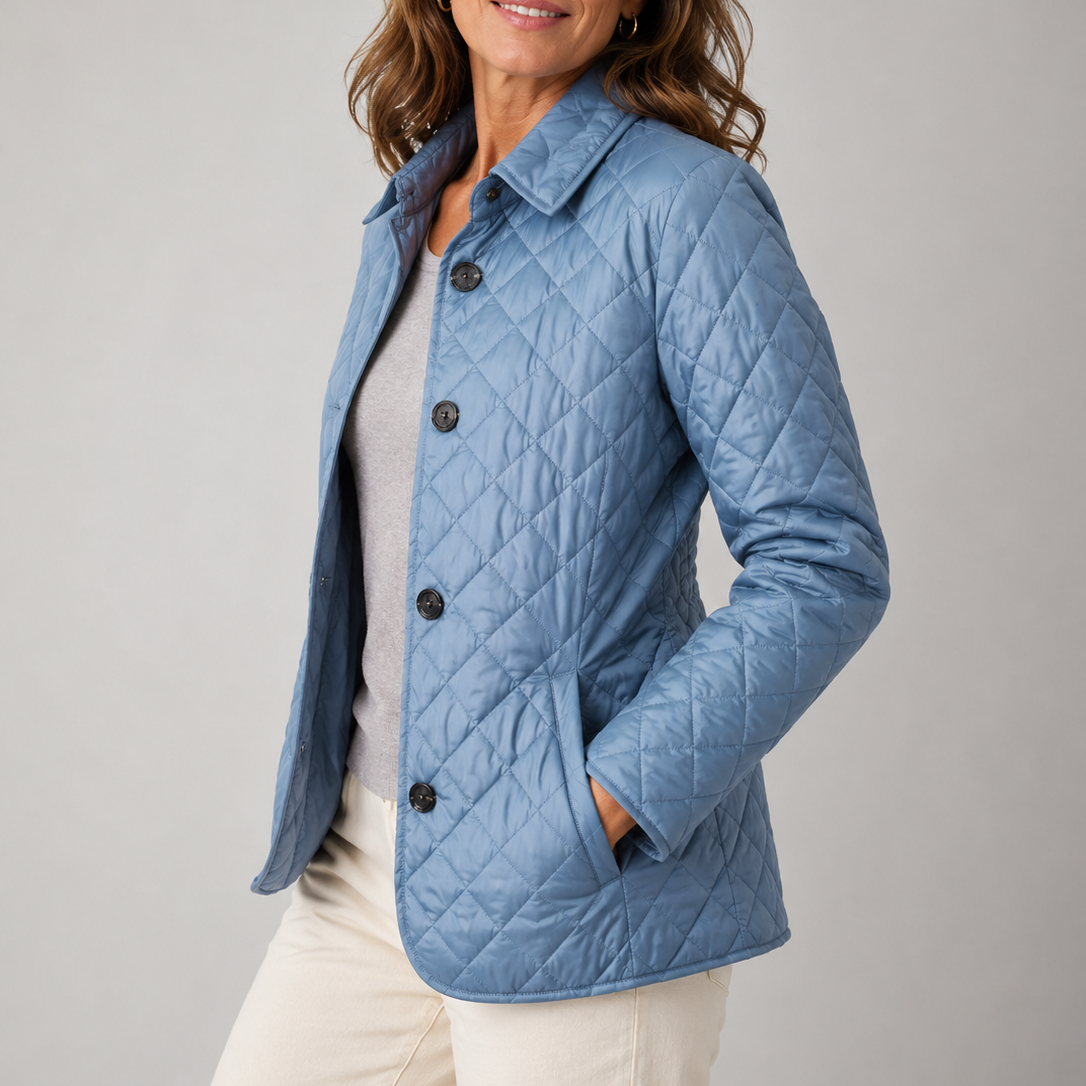 Women's quilted button jacket with stand collar