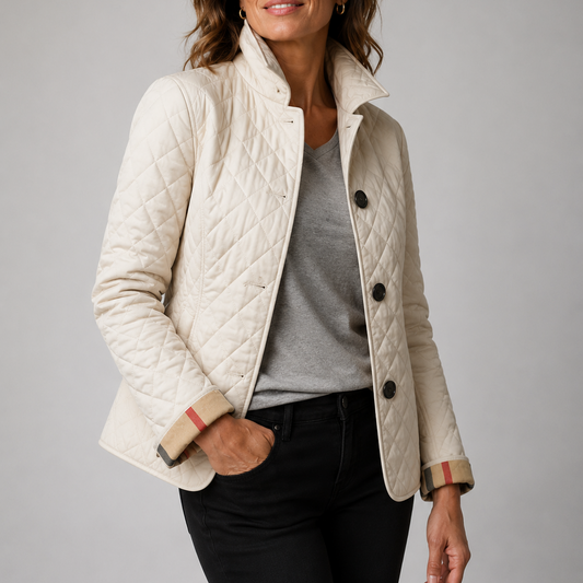 Women's quilted button jacket with stand collar