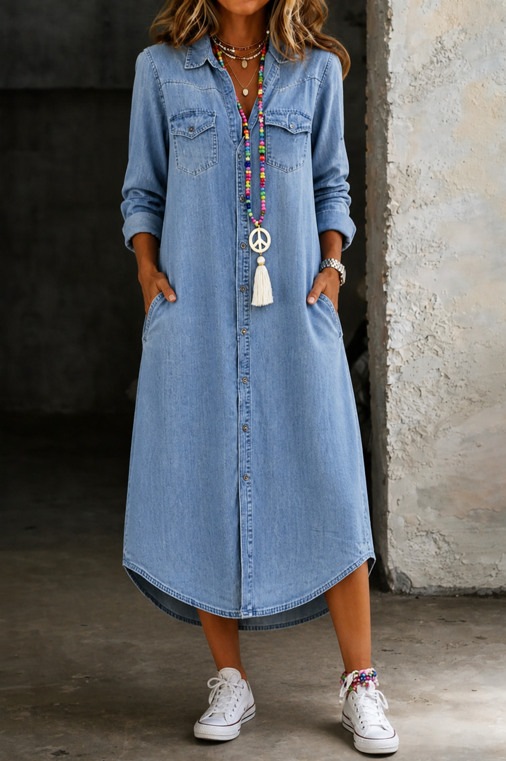 Maxi shirt dress for women with collared button front - light blue