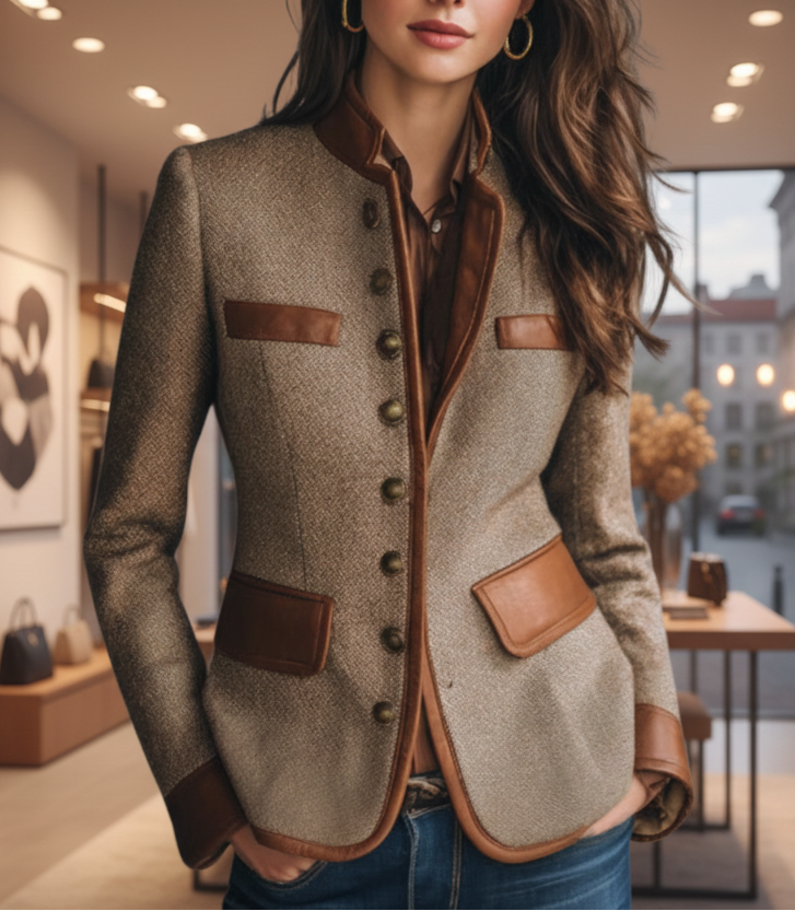 Brown textured tailored jacket for women front view