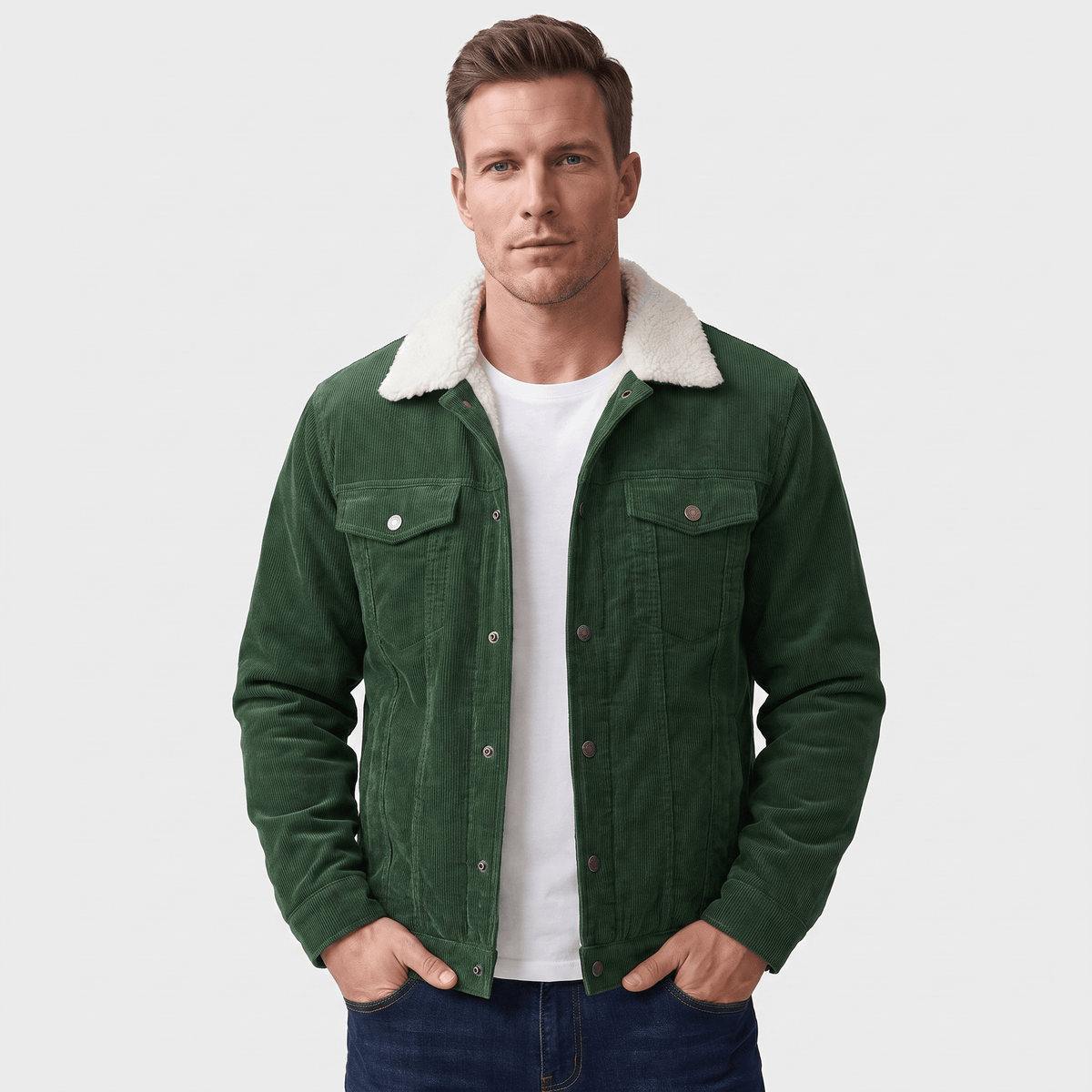 Men's corduroy jacket with fold up collar - green