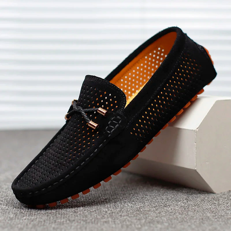 Men's perforated leather loafers with slip-on style - black