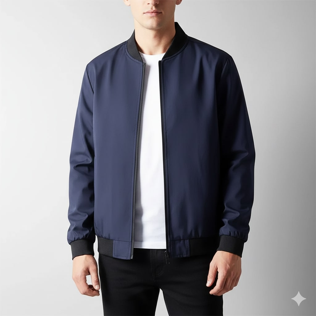 Men's softshell bomber jacket with zip front - navy blue