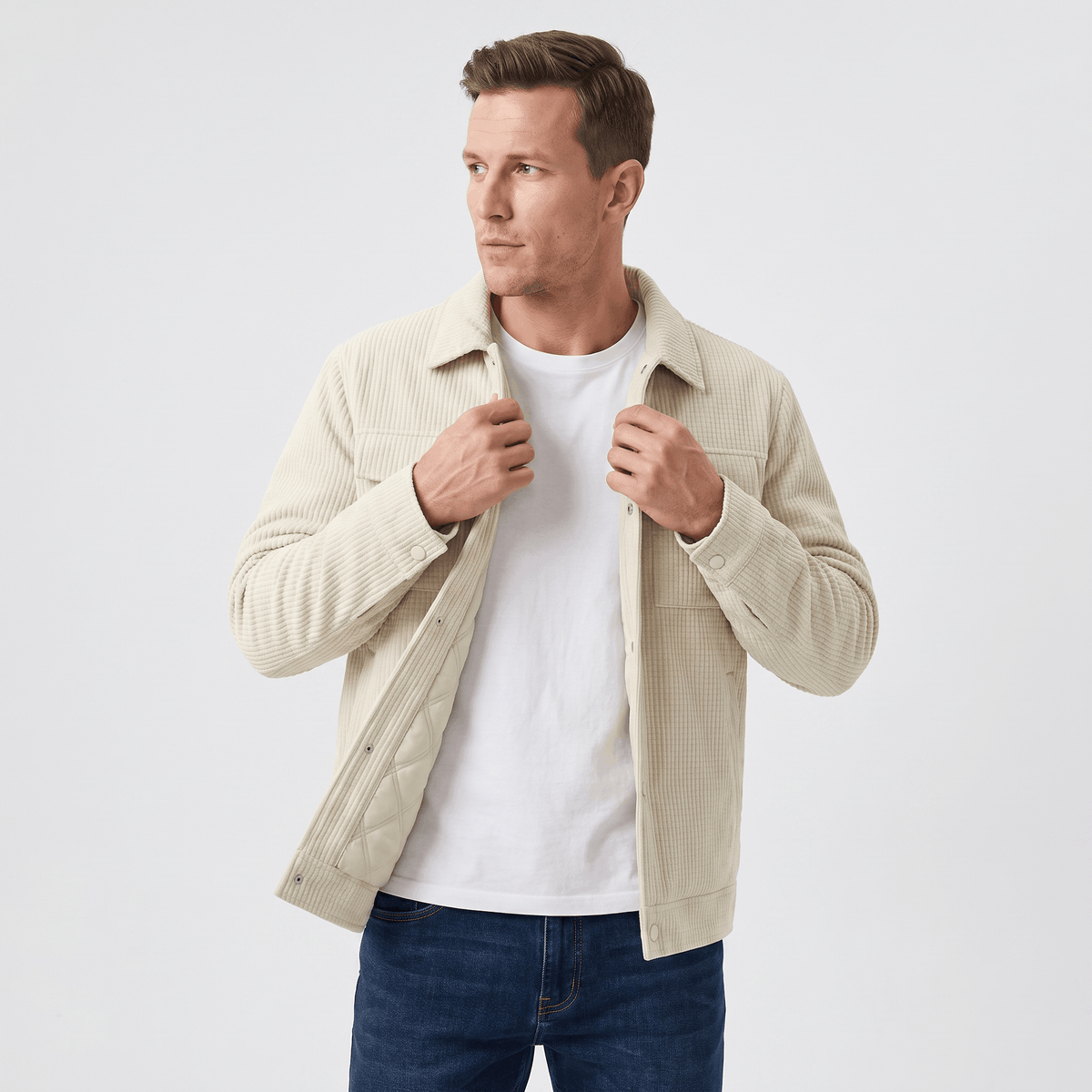Men's quilted corduroy jacket with snap front - white