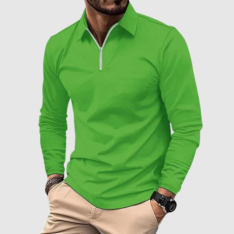 Zip Up Long Sleeve Shirt with Striped Trim for Men - green