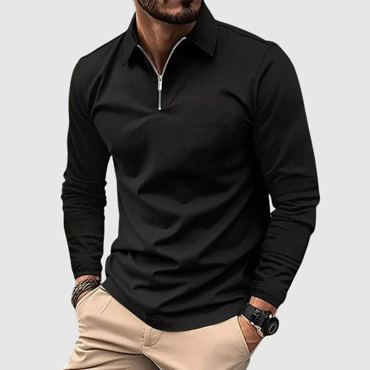 Zip Up Long Sleeve Shirt with Striped Trim for Men - black
