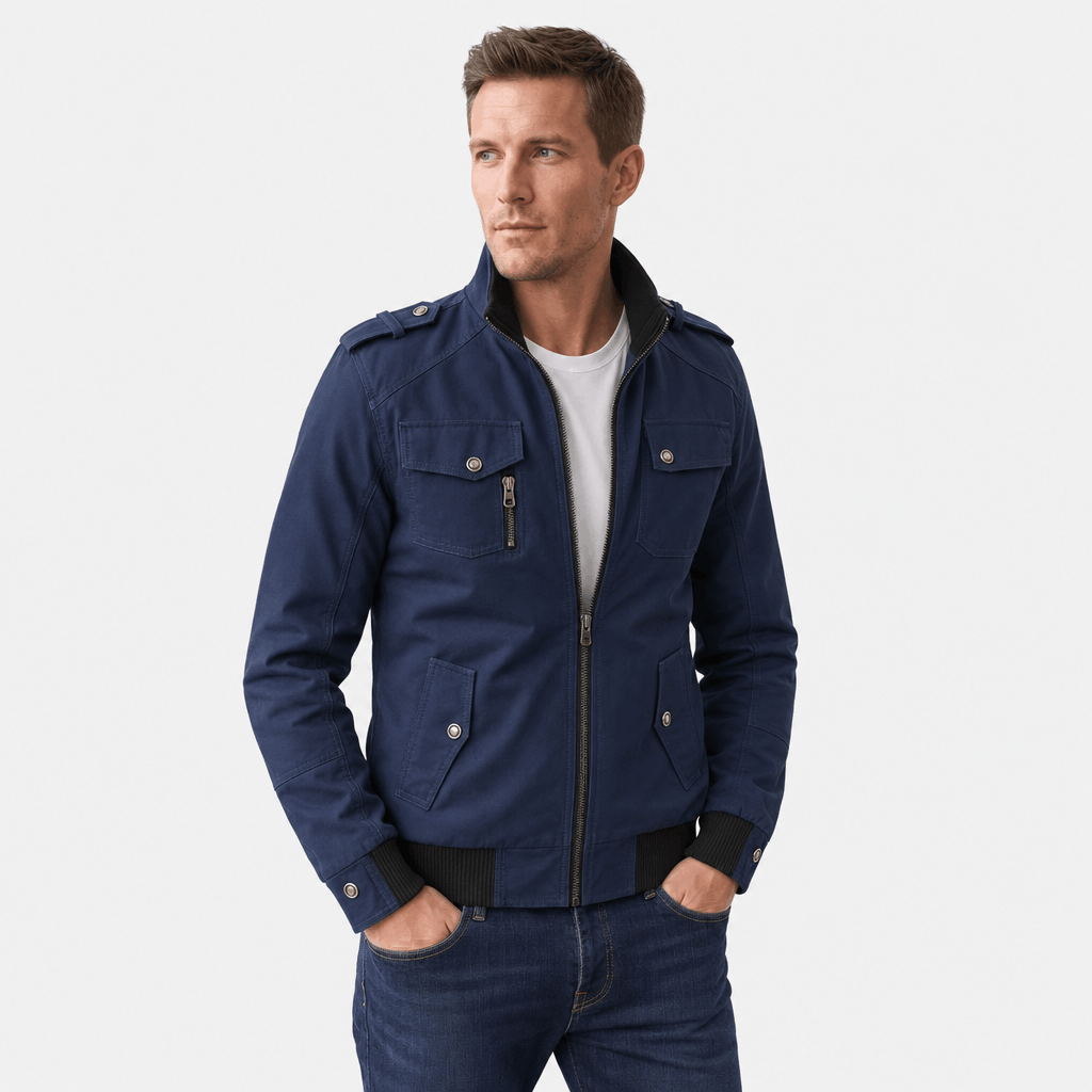 Men's utility bomber jacket with four flap pockets - blue