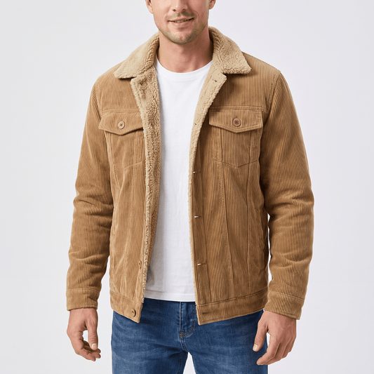 Men's sherpa lined corduroy jacket with turn down collar