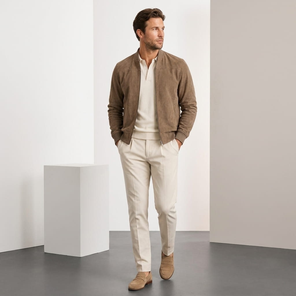 Men's suede effect bomber jacket with rib collar