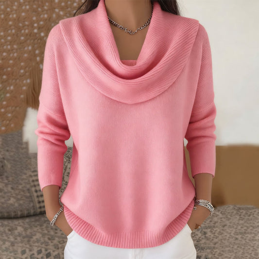 Woman wearing relaxed cowl neck knit sweater