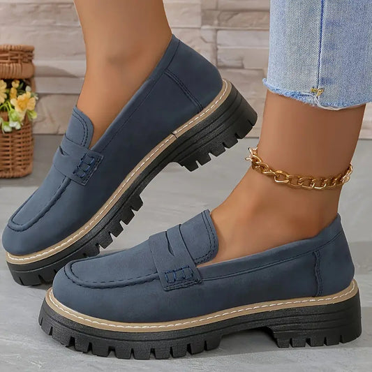 Women's heeled orthopedic loafers for everyday wear - navy blue